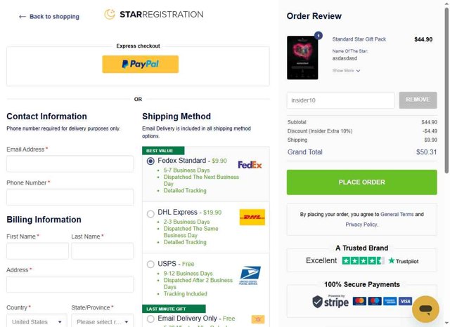 StarRegistration.net checkout page showing StarRegistration.net promo code box | Screenshot taken by SimplyCodes community member on Aug 13, 2025