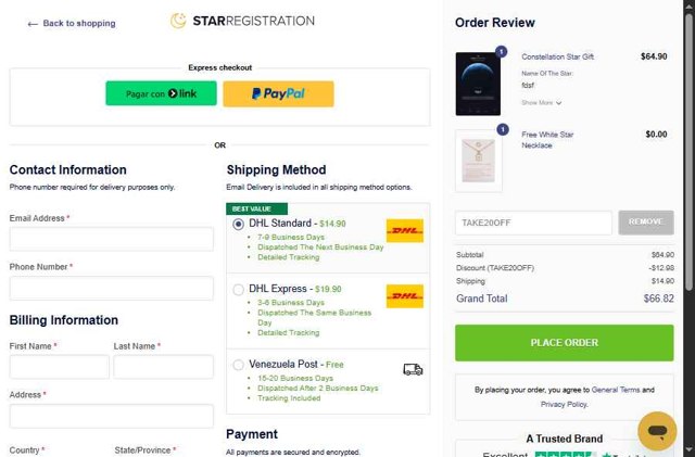 StarRegistration.net checkout page showing StarRegistration.net promo code box | Screenshot taken by SimplyCodes community member on Aug 20, 2025