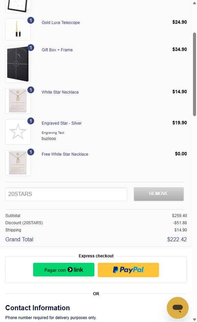 StarRegistration.net checkout page showing StarRegistration.net promo code box | Screenshot taken by SimplyCodes community member on Aug 20, 2025
