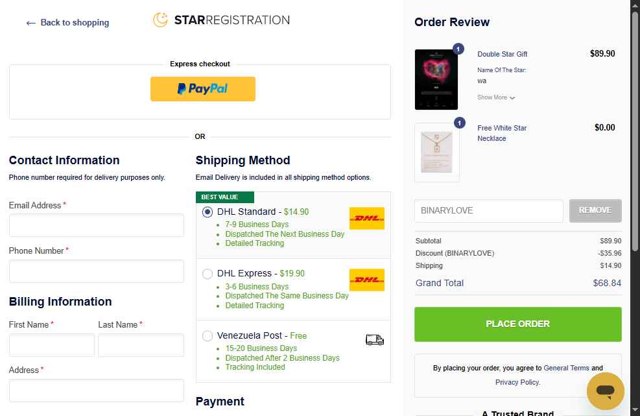 StarRegistration.net checkout page showing StarRegistration.net promo code box | Screenshot taken by SimplyCodes community member on Aug 27, 2025
