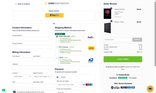 StarRegistration.net checkout page showing StarRegistration.net promo code box | Screenshot taken by SimplyCodes community member on Aug 20, 2025