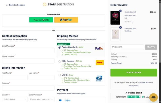 StarRegistration.net checkout page showing StarRegistration.net promo code box | Screenshot taken by SimplyCodes community member on Sep 2, 2025