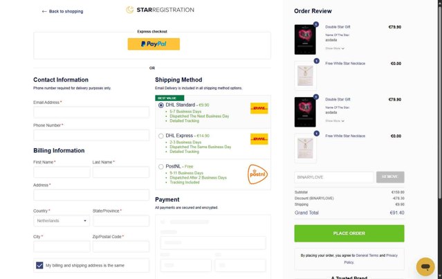 StarRegistration.net checkout page showing StarRegistration.net promo code box | Screenshot taken by SimplyCodes community member on Aug 27, 2025