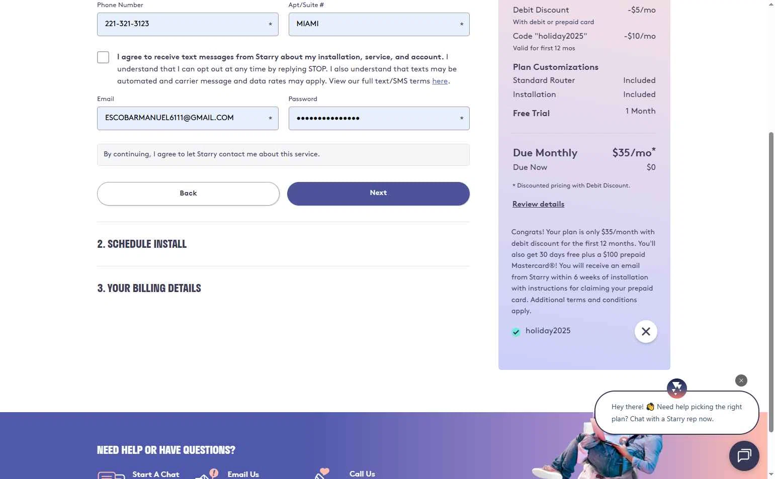 Starry checkout page showing Starry promo code box | Screenshot taken by SimplyCodes community member on Dec 10, 2025