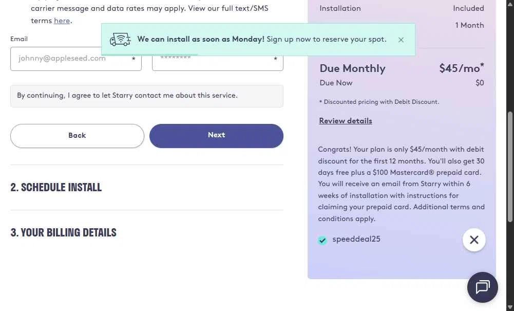 Starry checkout page showing Starry promo code box | Screenshot taken by SimplyCodes community member on Nov 15, 2025