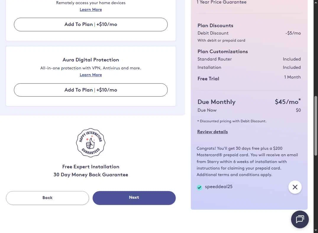Starry checkout page showing Starry promo code box | Screenshot taken by SimplyCodes community member on Oct 17, 2025