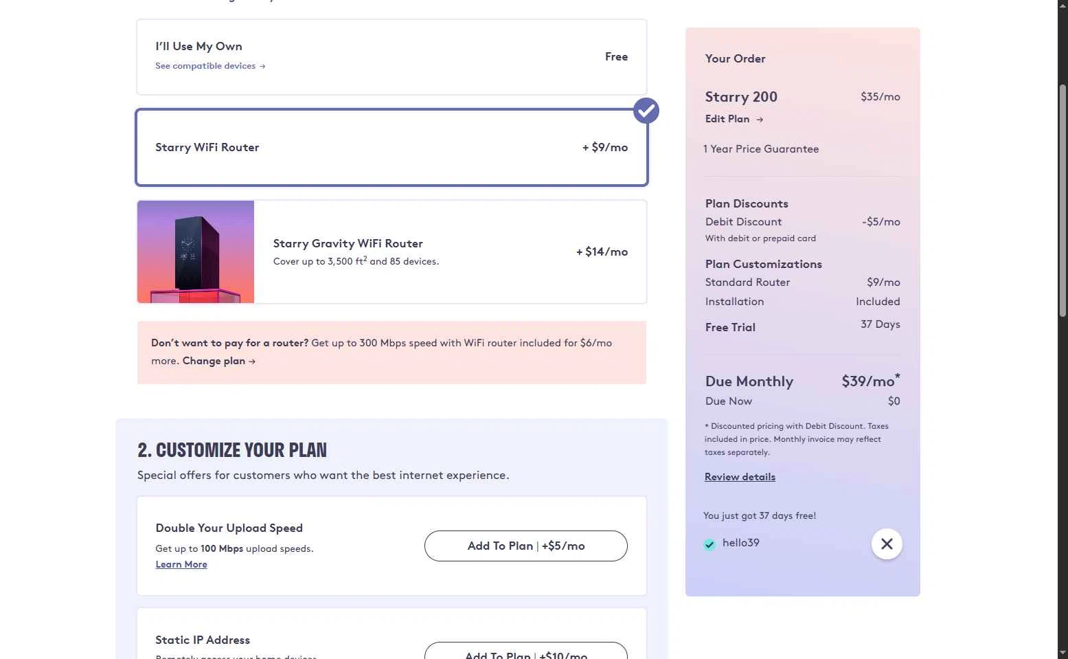 Starry checkout page showing Starry promo code box | Screenshot taken by SimplyCodes community member on Oct 6, 2025