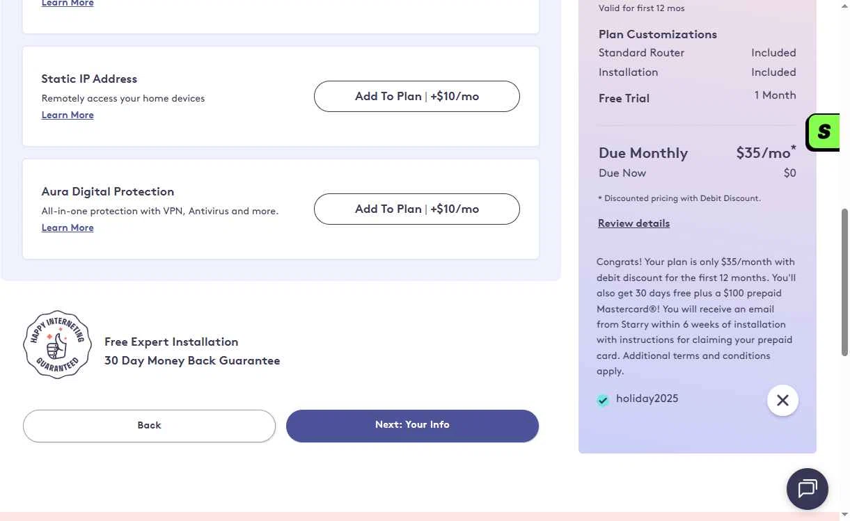 Starry checkout page showing Starry promo code box | Screenshot taken by SimplyCodes community member on Nov 11, 2025