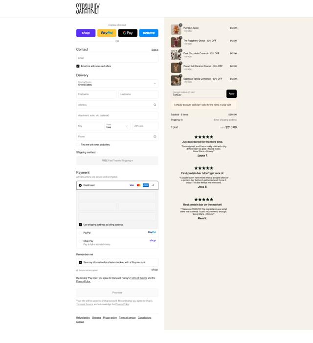 Stars + Honey checkout page showing Stars + Honey discount code box | Screenshot taken by SimplyCodes community member on Sep 10, 2025