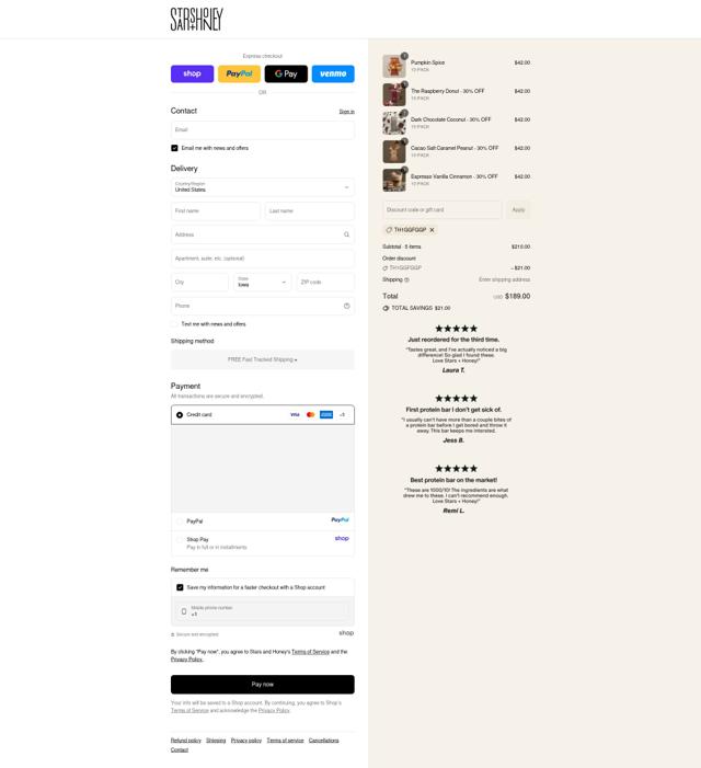 Stars + Honey checkout page showing Stars + Honey discount code box | Screenshot taken by SimplyCodes community member on Sep 10, 2025