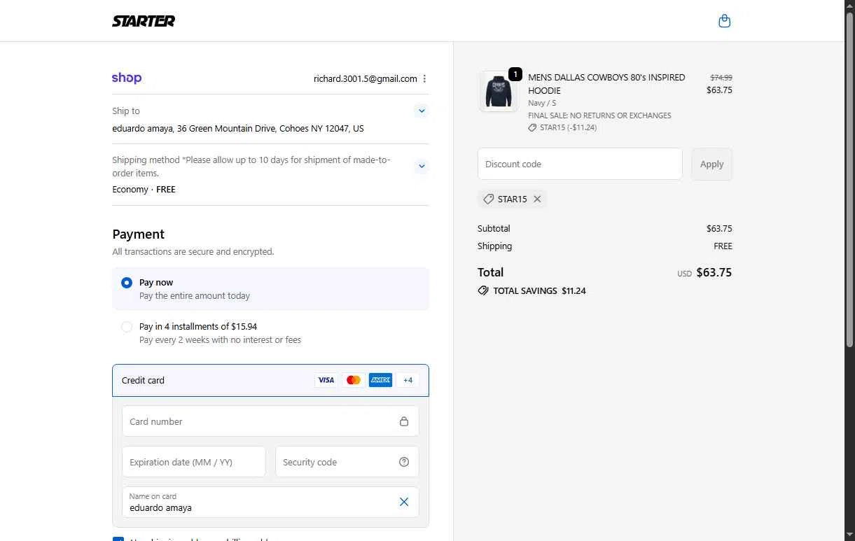 Starter checkout page showing Starter coupon code box | Screenshot taken by SimplyCodes community member on Oct 9, 2025