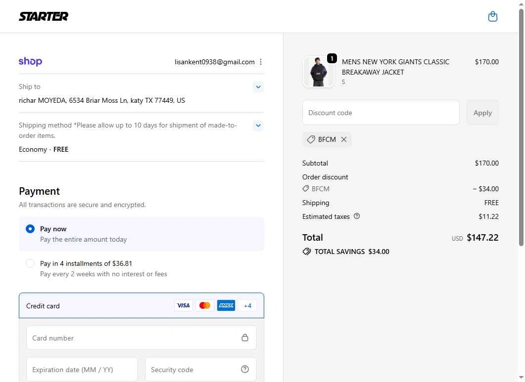 Starter checkout page showing Starter coupon code box | Screenshot taken by SimplyCodes community member on Nov 18, 2025
