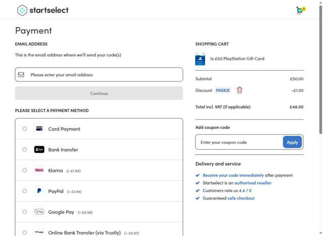 Startselect checkout page showing Startselect coupon code box | Screenshot taken by SimplyCodes community member on Aug 12, 2025