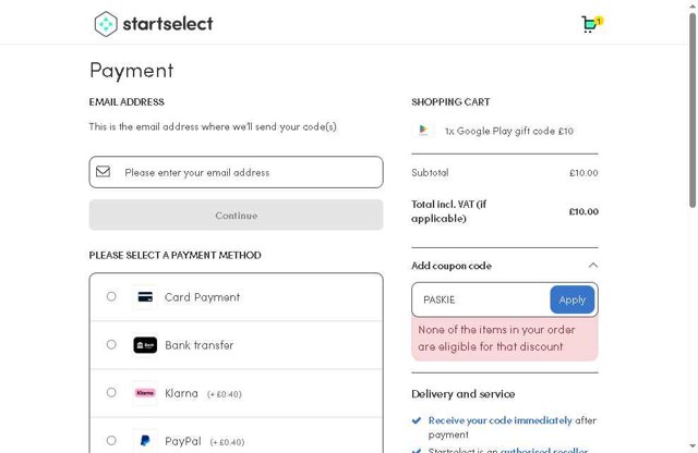 Startselect checkout page showing Startselect coupon code box | Screenshot taken by SimplyCodes community member on Aug 20, 2025