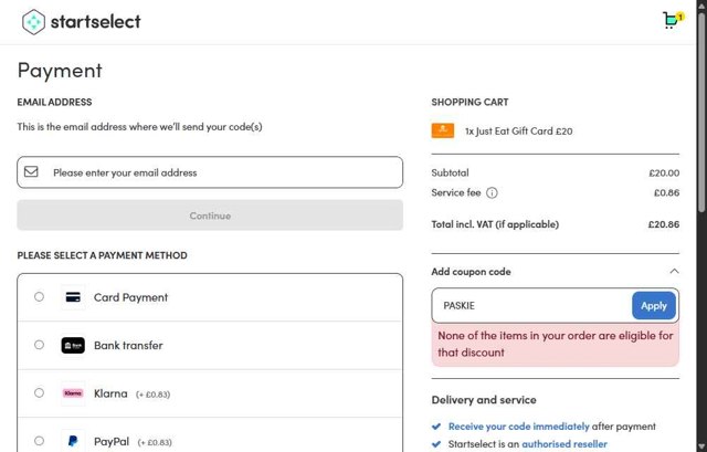 Startselect checkout page showing Startselect coupon code box | Screenshot taken by SimplyCodes community member on Aug 6, 2025