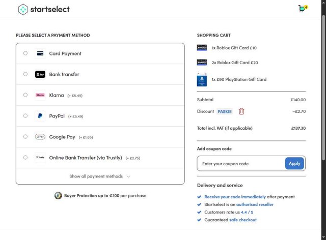 Startselect checkout page showing Startselect coupon code box | Screenshot taken by SimplyCodes community member on Jul 28, 2025