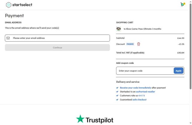 Startselect checkout page showing Startselect coupon code box | Screenshot taken by SimplyCodes community member on Jun 27, 2025