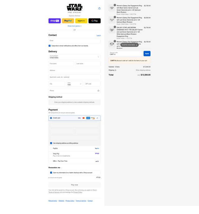 Star Wars Fine Jewelry checkout page showing Star Wars Fine Jewelry discount code box | Screenshot taken by SimplyCodes community member on Aug 26, 2025