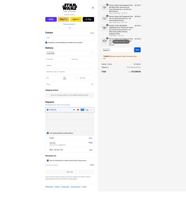 Star Wars Fine Jewelry checkout page showing Star Wars Fine Jewelry discount code box | Screenshot taken by SimplyCodes community member on Aug 30, 2025