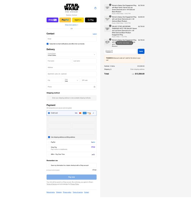 Star Wars Fine Jewelry checkout page showing Star Wars Fine Jewelry discount code box | Screenshot taken by SimplyCodes community member on Aug 26, 2025