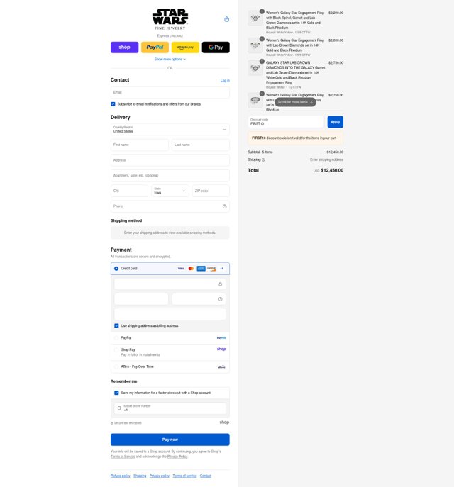 Star Wars Fine Jewelry checkout page showing Star Wars Fine Jewelry discount code box | Screenshot taken by SimplyCodes community member on Sep 3, 2025