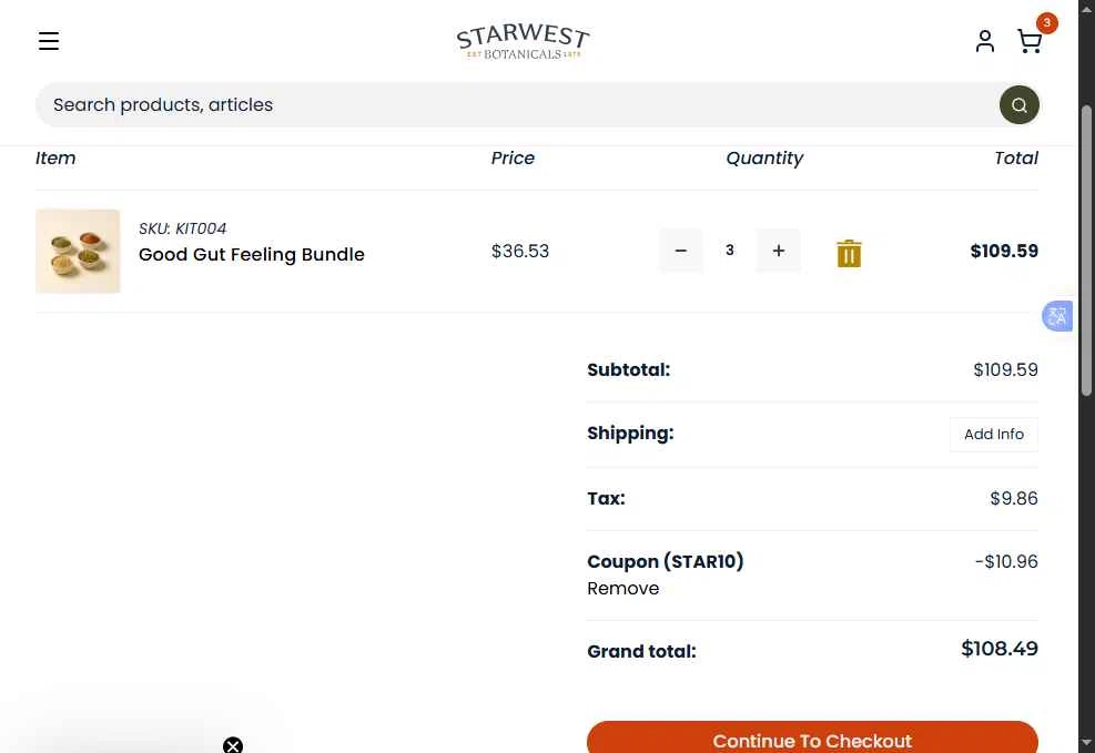 Starwest Botanicals checkout page showing Starwest Botanicals coupon code box | Screenshot taken by SimplyCodes community member on Dec 6, 2025