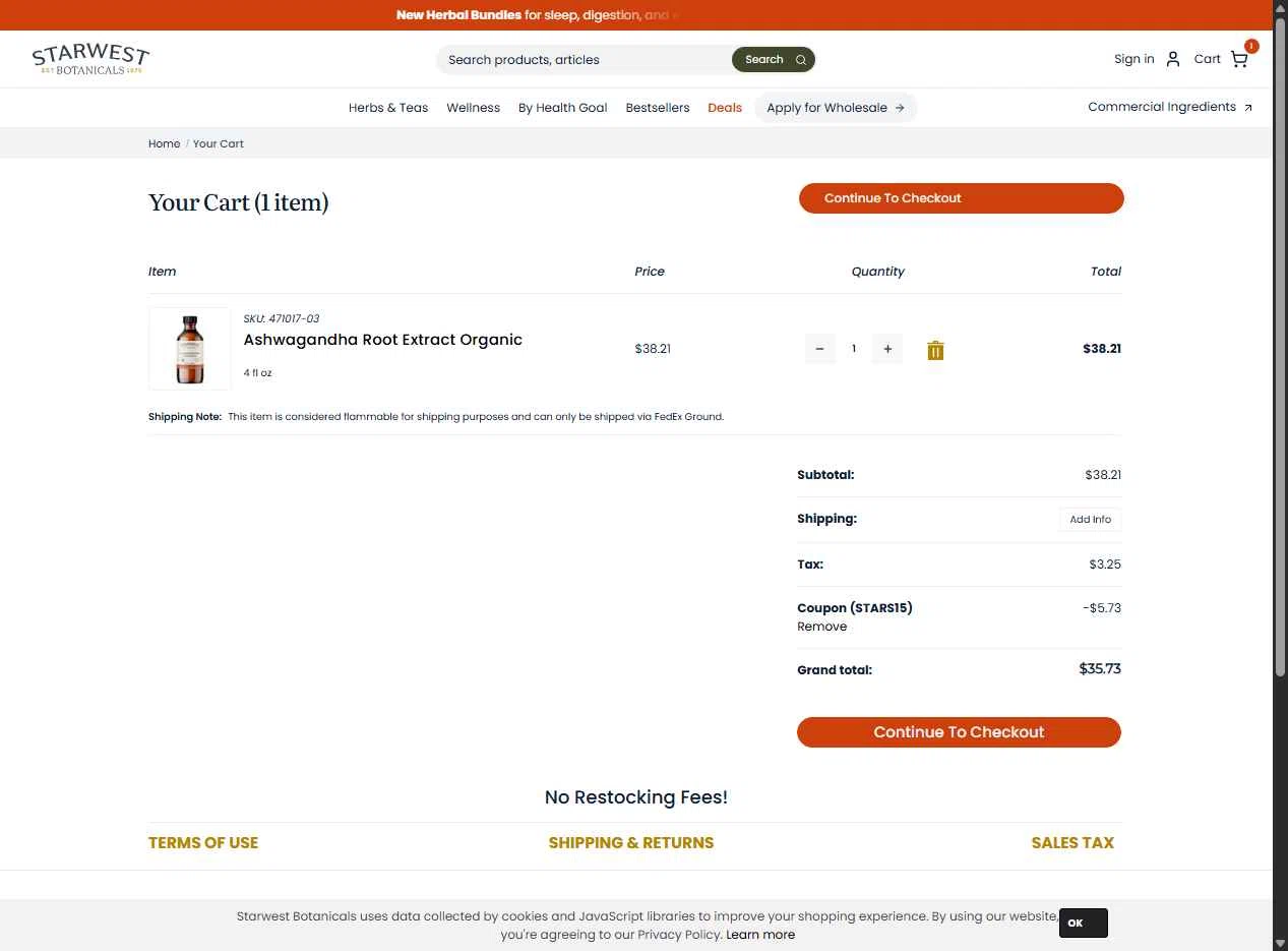 Starwest Botanicals checkout page showing Starwest Botanicals coupon code box | Screenshot taken by SimplyCodes community member on Dec 14, 2025