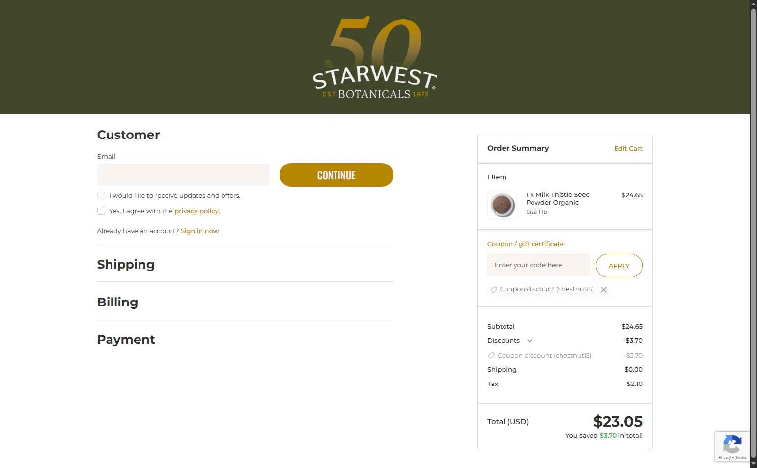 Starwest Botanicals checkout page showing Starwest Botanicals coupon code box | Screenshot taken by SimplyCodes community member on Jan 12, 2026