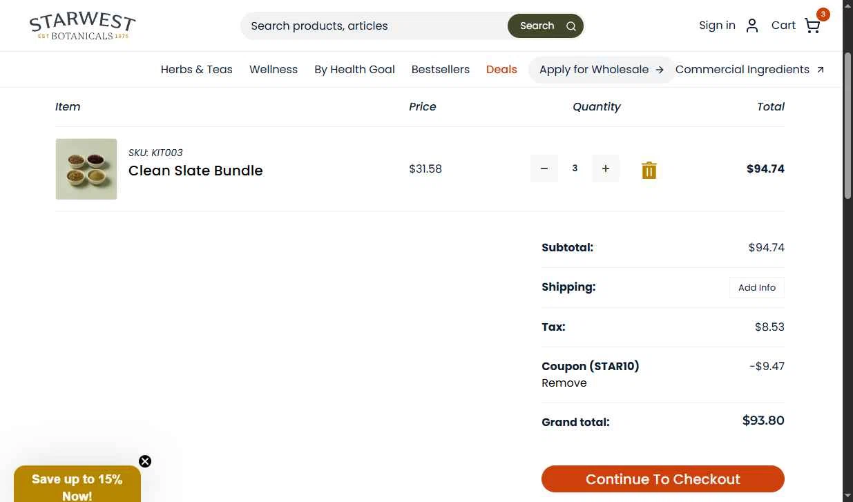 Starwest Botanicals checkout page showing Starwest Botanicals coupon code box | Screenshot taken by SimplyCodes community member on Feb 2, 2026