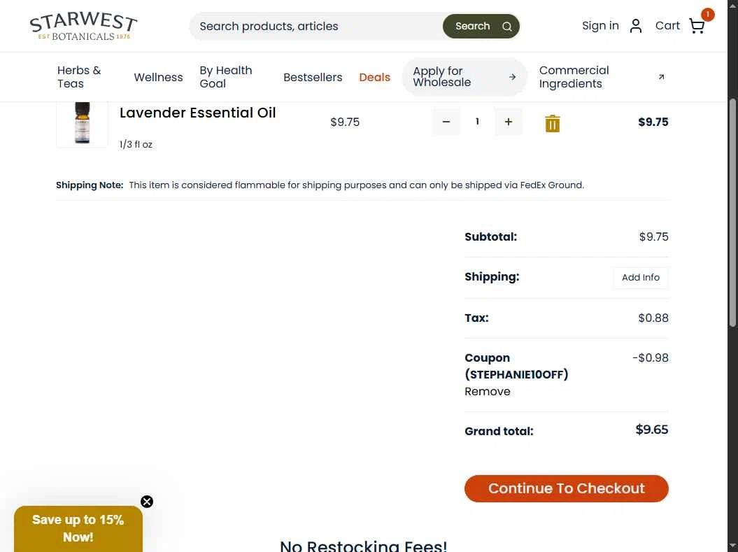 Starwest Botanicals checkout page showing Starwest Botanicals coupon code box | Screenshot taken by SimplyCodes community member on Dec 11, 2025