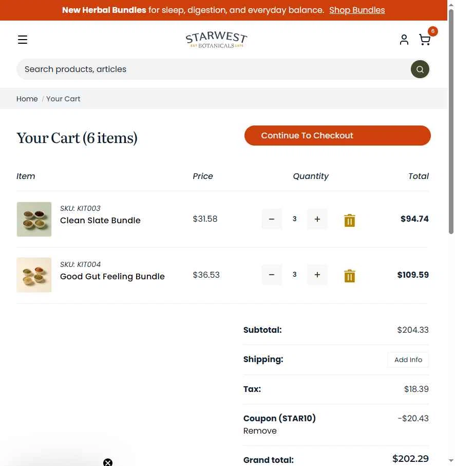 Starwest Botanicals checkout page showing Starwest Botanicals coupon code box | Screenshot taken by SimplyCodes community member on Jan 4, 2026