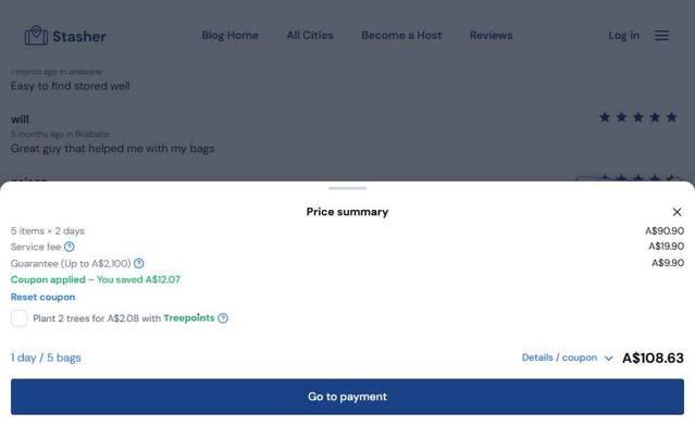Stasher Luggage checkout page showing Stasher Luggage coupon code box | Screenshot taken by SimplyCodes community member on May 29, 2025