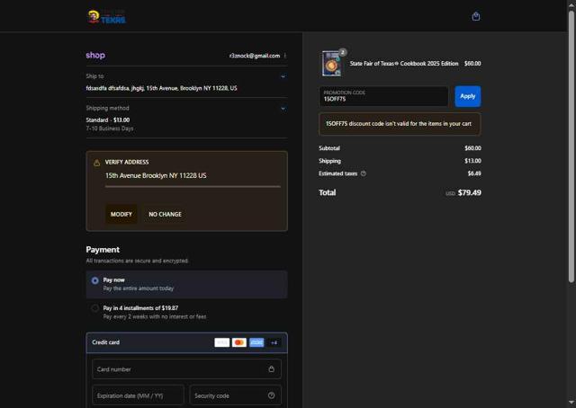 State Fair of Texas checkout page showing State Fair of Texas promo code box | Screenshot taken by SimplyCodes community member on Sep 10, 2025