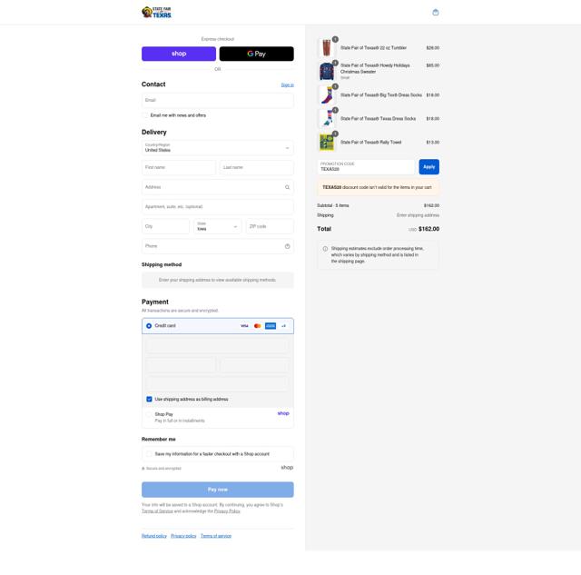 State Fair of Texas checkout page showing State Fair of Texas promo code box | Screenshot taken by SimplyCodes community member on Sep 12, 2025