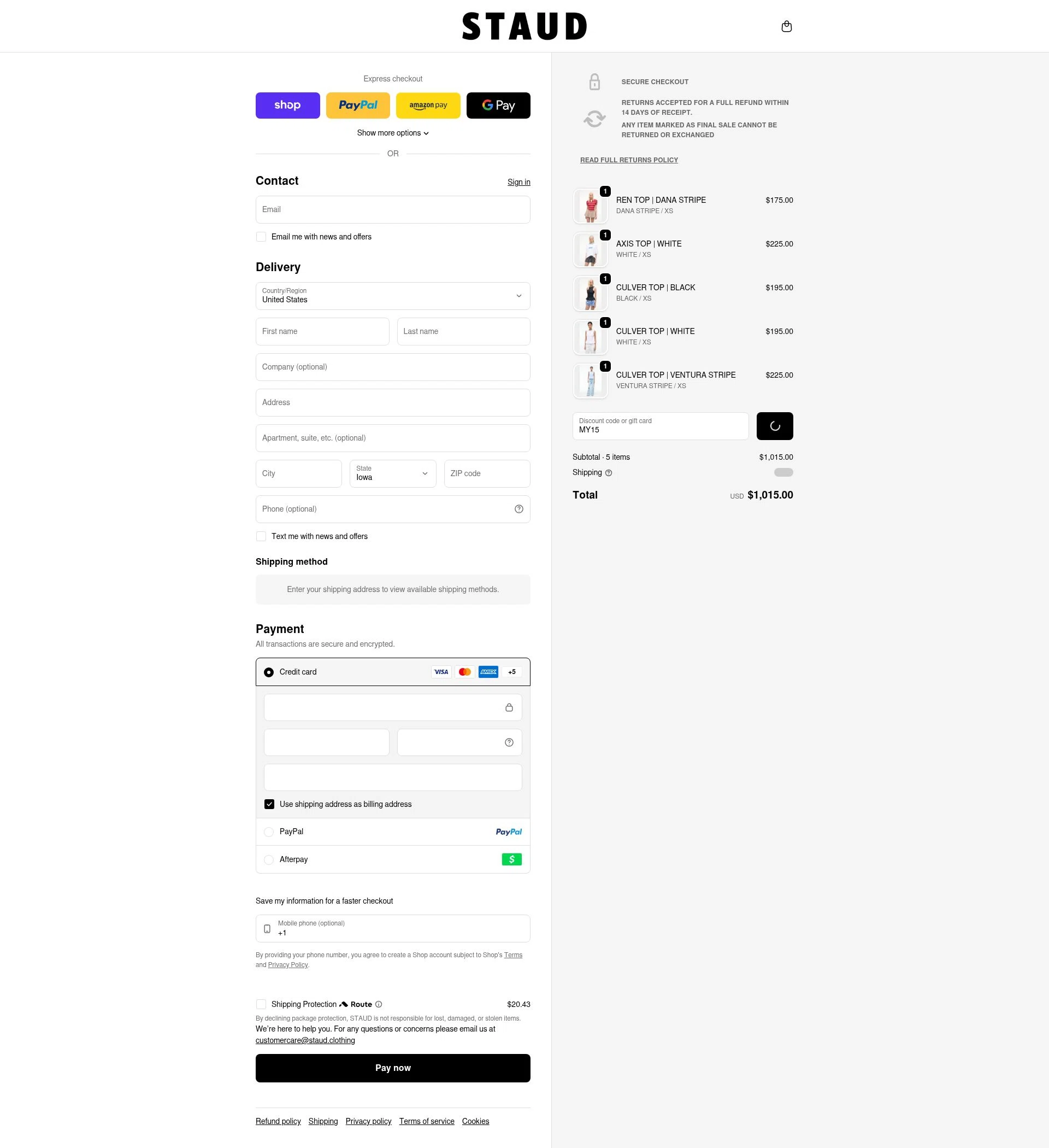 Staud checkout page showing Staud promo code box | Screenshot taken by SimplyCodes community member on Feb 19, 2026