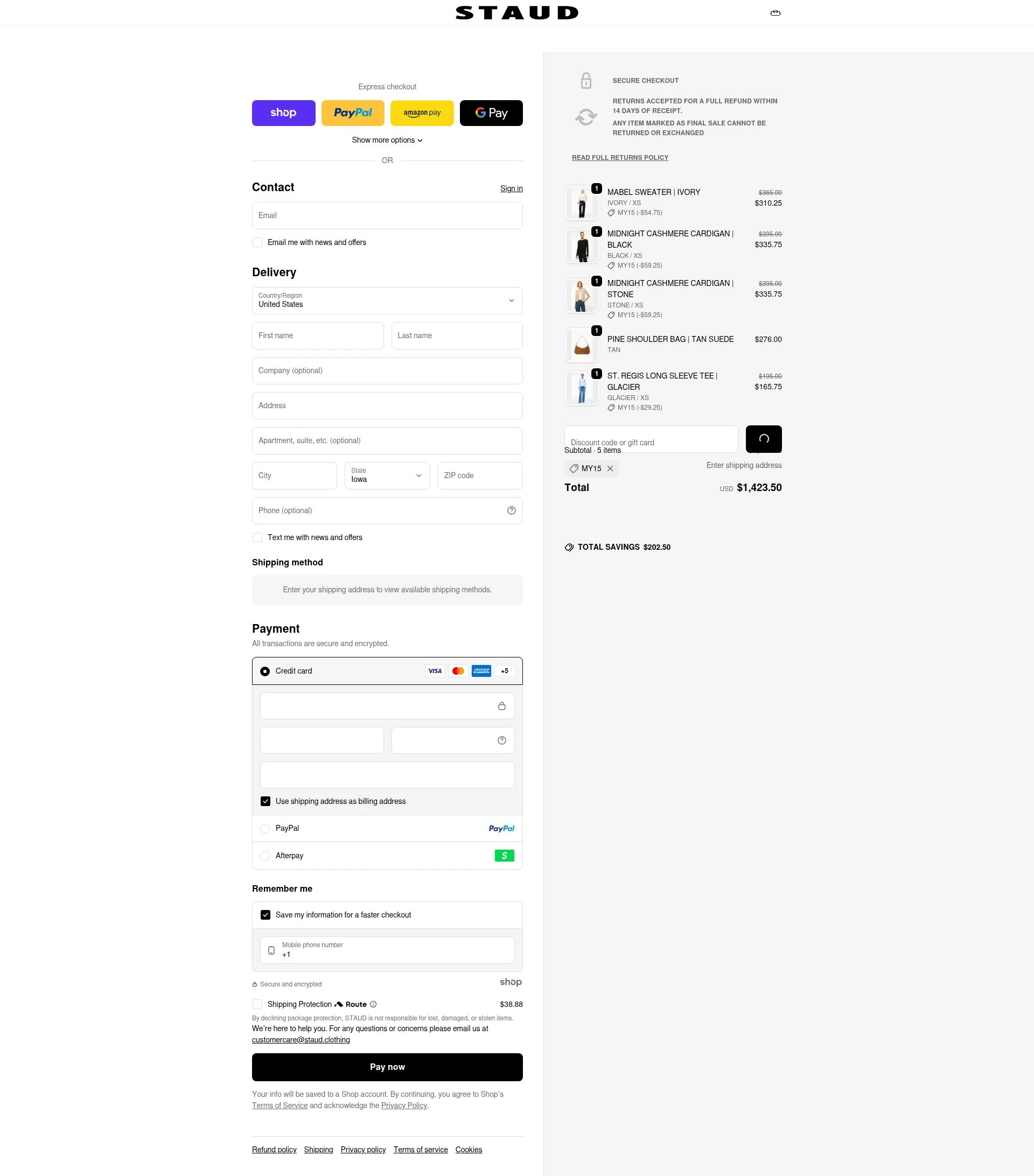 Staud checkout page showing Staud promo code box | Screenshot taken by SimplyCodes community member on Dec 19, 2025