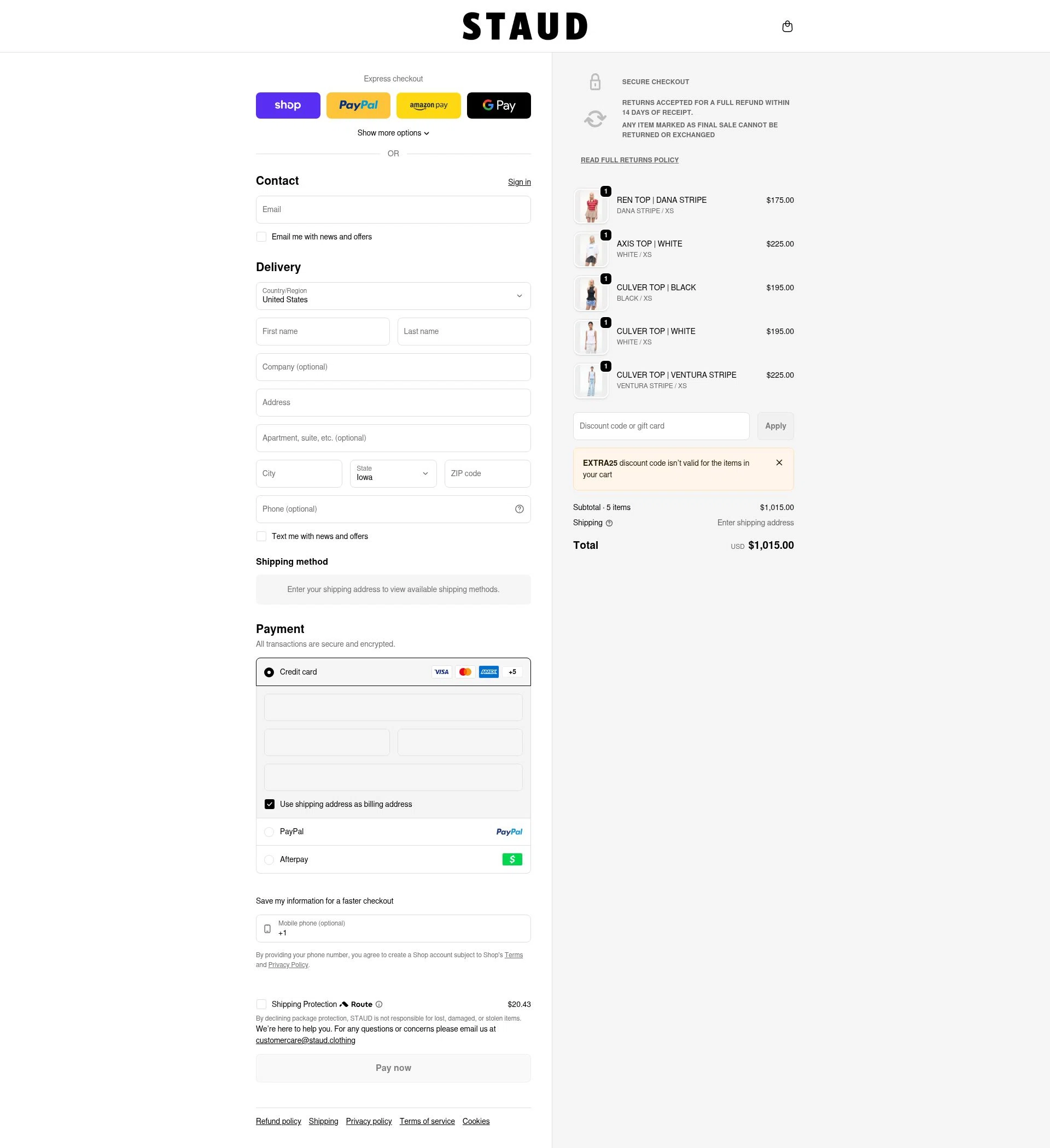 Staud checkout page showing Staud promo code box | Screenshot taken by SimplyCodes community member on Feb 15, 2026