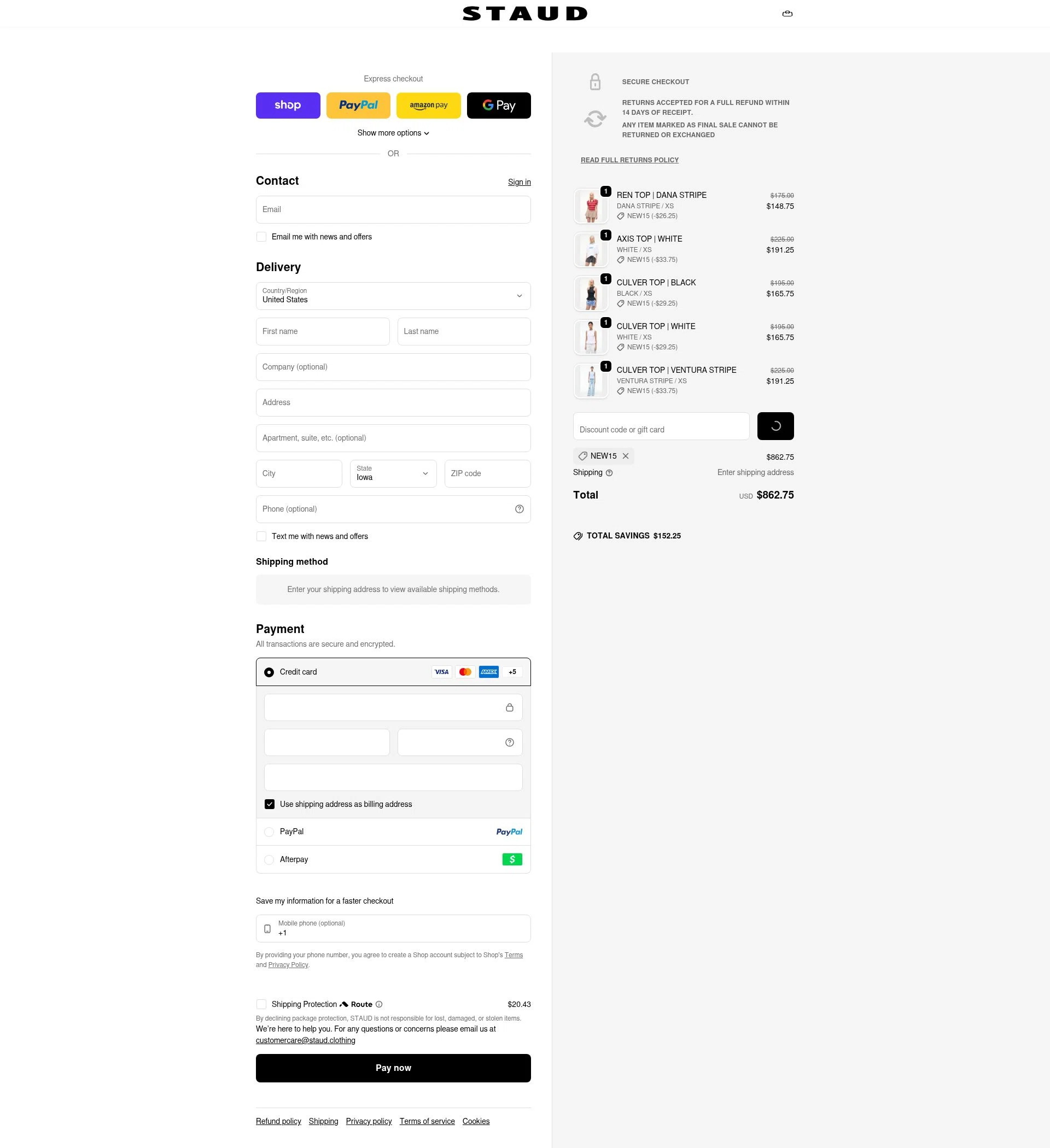 Staud checkout page showing Staud promo code box | Screenshot taken by SimplyCodes community member on Feb 24, 2026