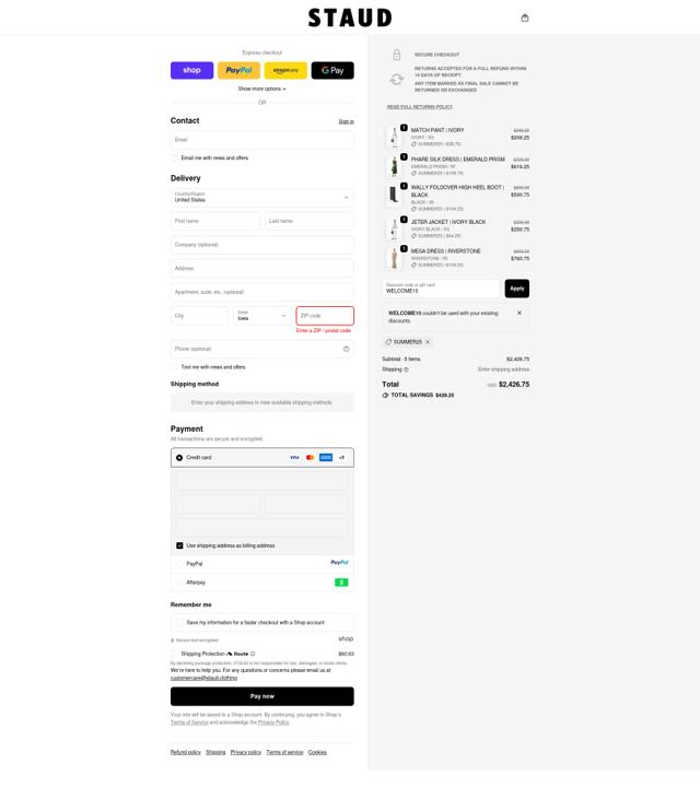 Staud checkout page showing Staud promo code box | Screenshot taken by SimplyCodes community member on Oct 4, 2025