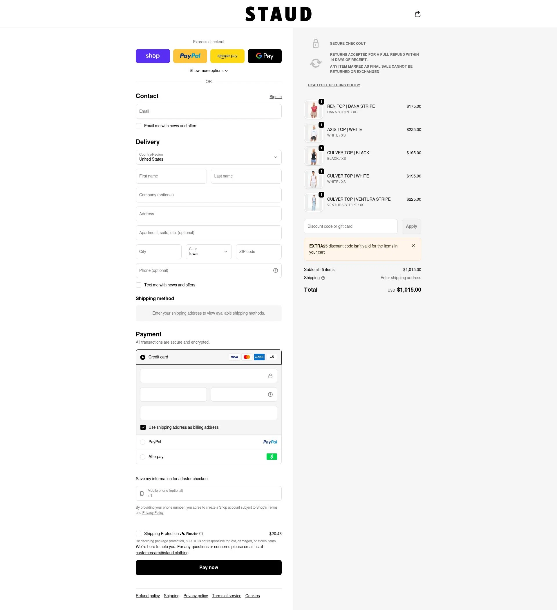 Staud checkout page showing Staud promo code box | Screenshot taken by SimplyCodes community member on Feb 6, 2026