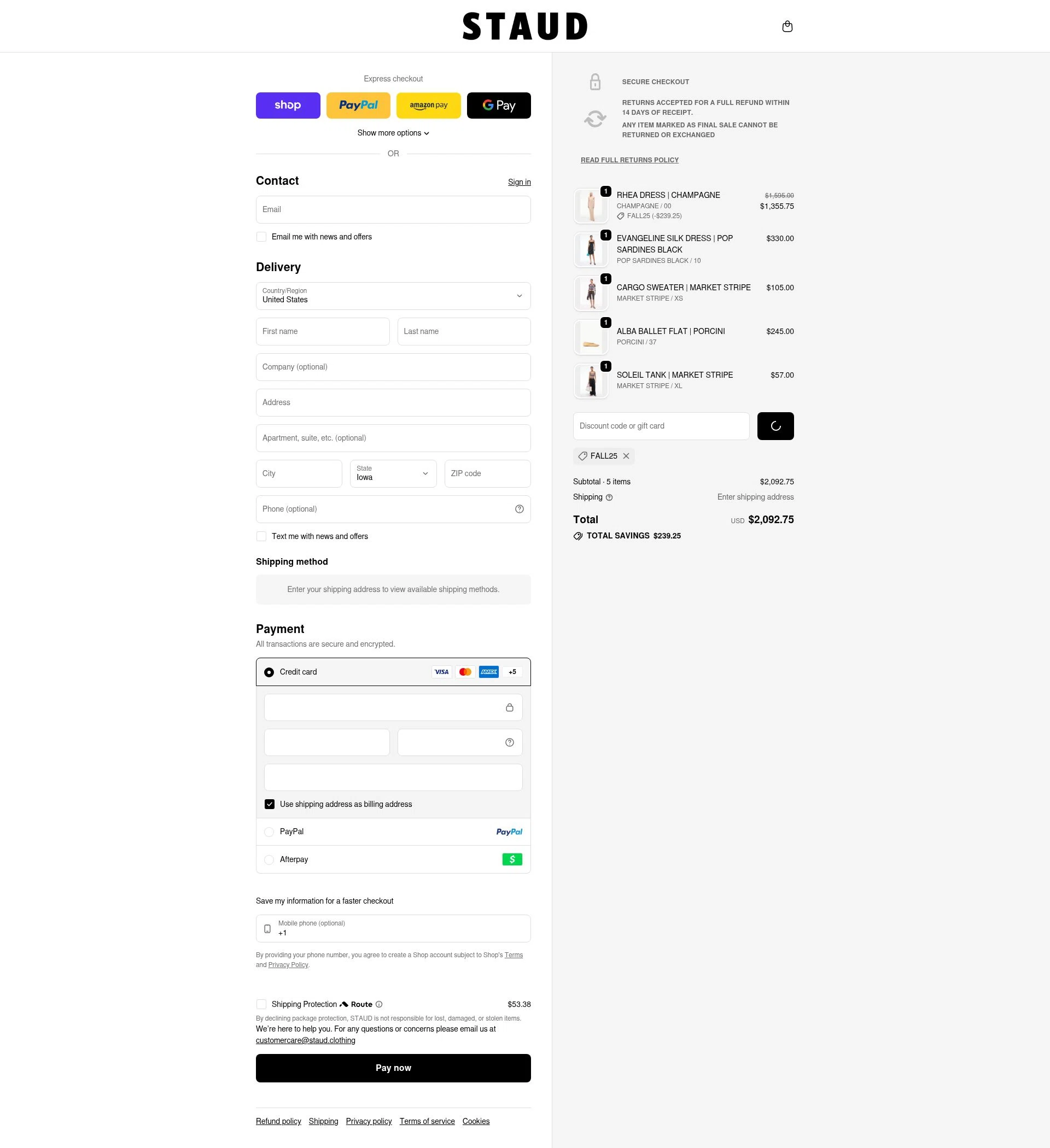 Staud checkout page showing Staud promo code box | Screenshot taken by SimplyCodes community member on Feb 2, 2026