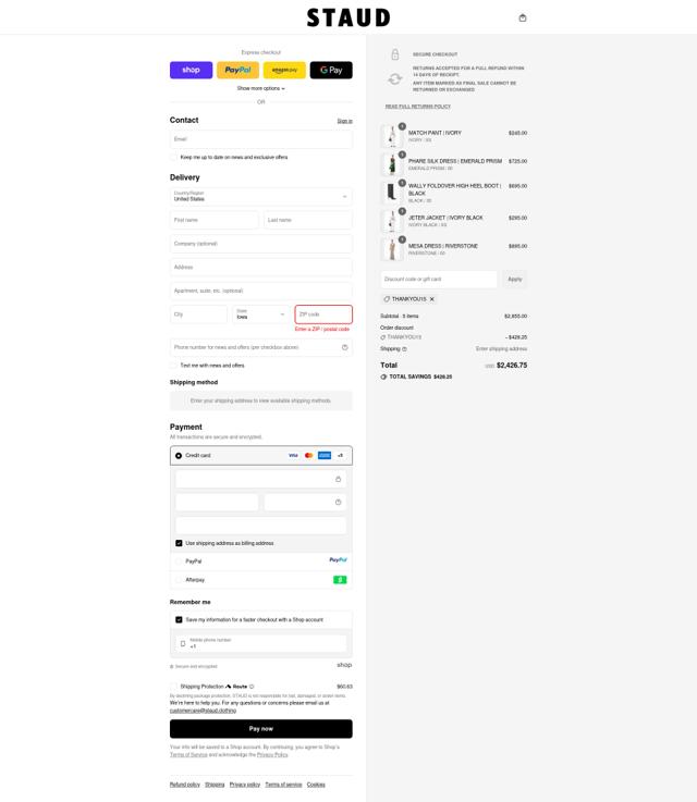 Staud checkout page showing Staud promo code box | Screenshot taken by SimplyCodes community member on Sep 14, 2025