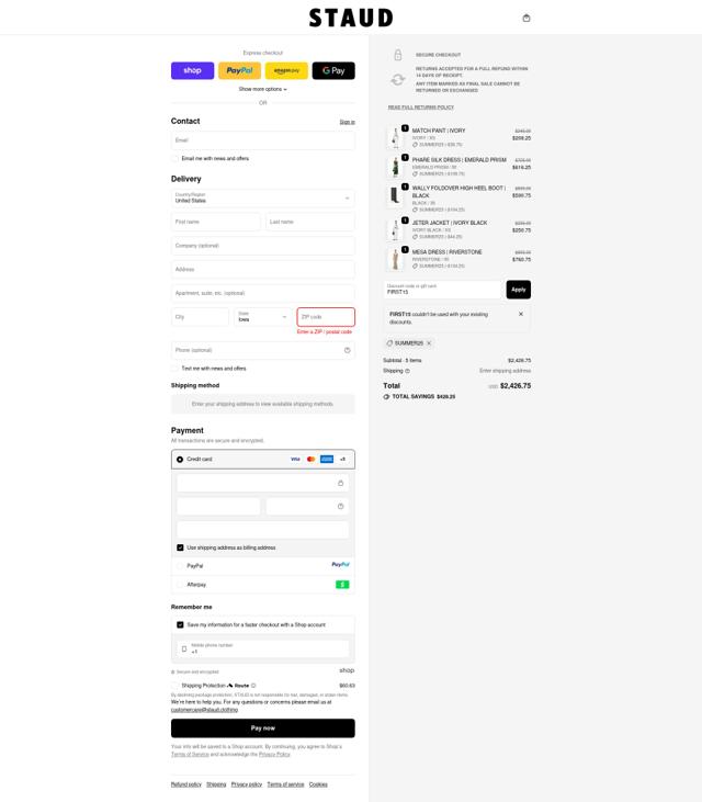 Staud checkout page showing Staud promo code box | Screenshot taken by SimplyCodes community member on Oct 4, 2025