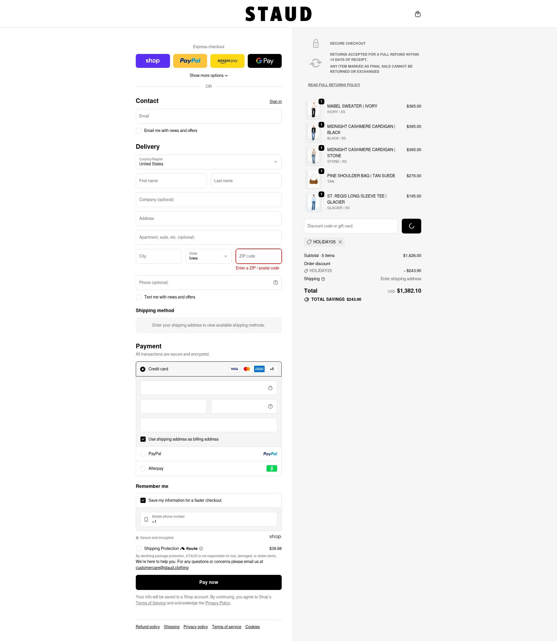 Staud checkout page showing Staud promo code box | Screenshot taken by SimplyCodes community member on Dec 25, 2025