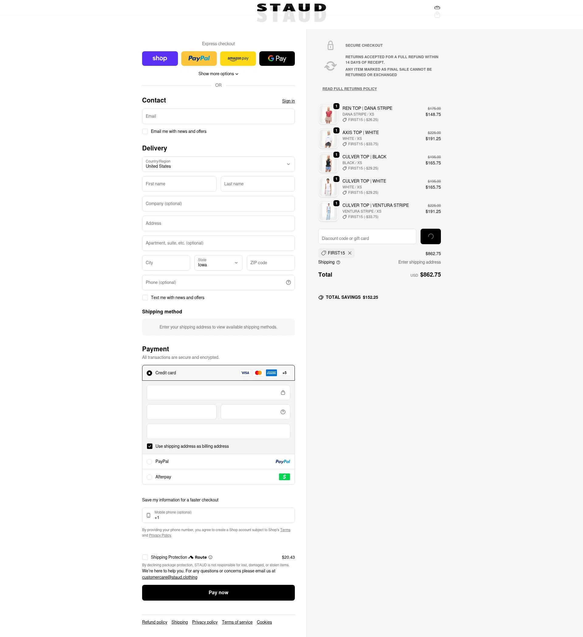 Staud checkout page showing Staud promo code box | Screenshot taken by SimplyCodes community member on Feb 19, 2026