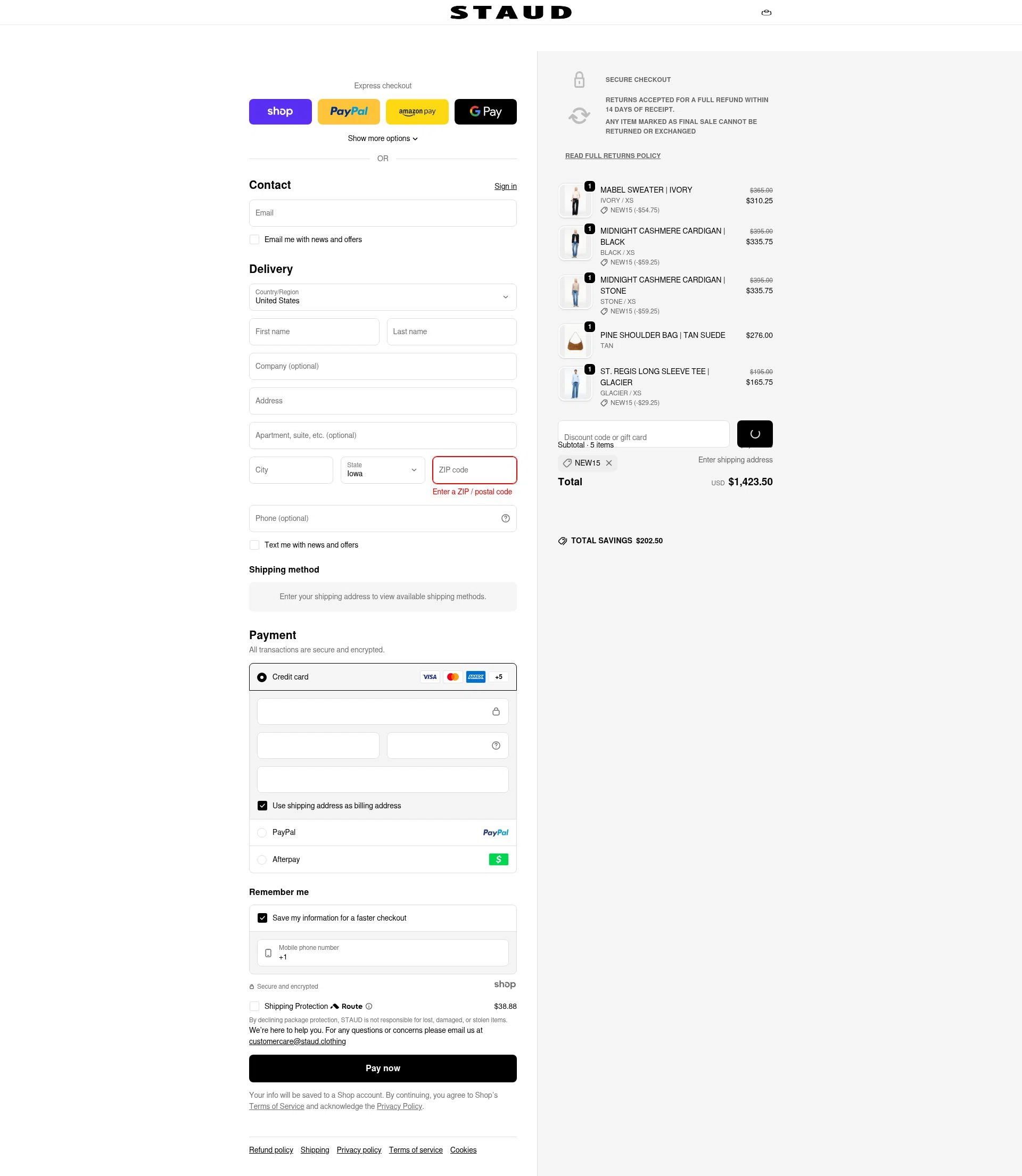 Staud checkout page showing Staud promo code box | Screenshot taken by SimplyCodes community member on Dec 25, 2025