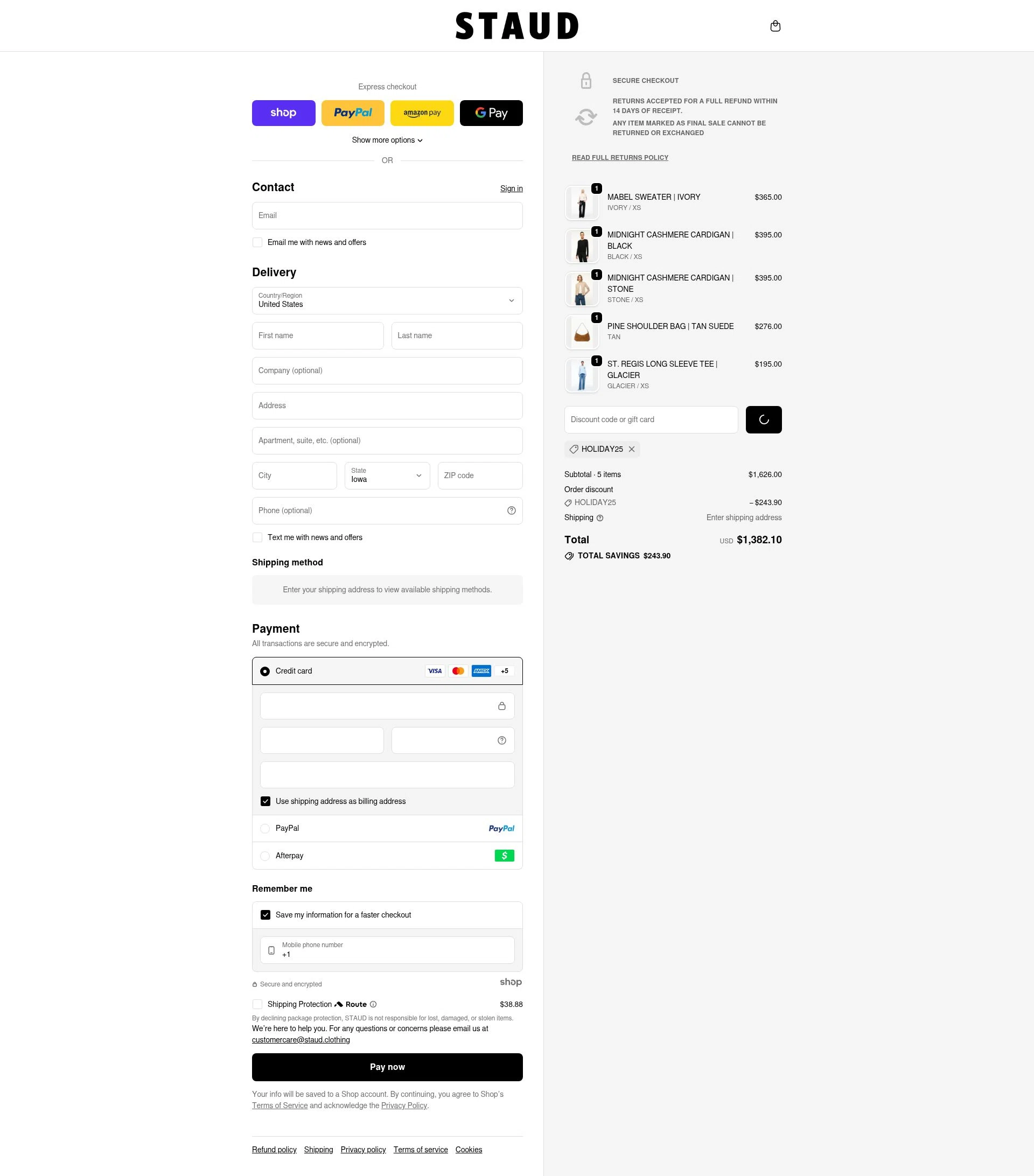 Staud checkout page showing Staud promo code box | Screenshot taken by SimplyCodes community member on Dec 19, 2025