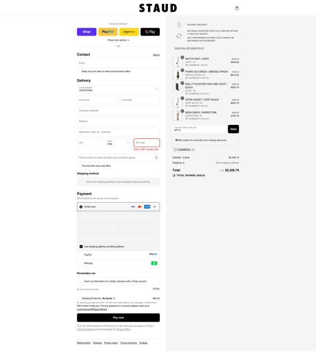 Staud checkout page showing Staud promo code box | Screenshot taken by SimplyCodes community member on Sep 10, 2025