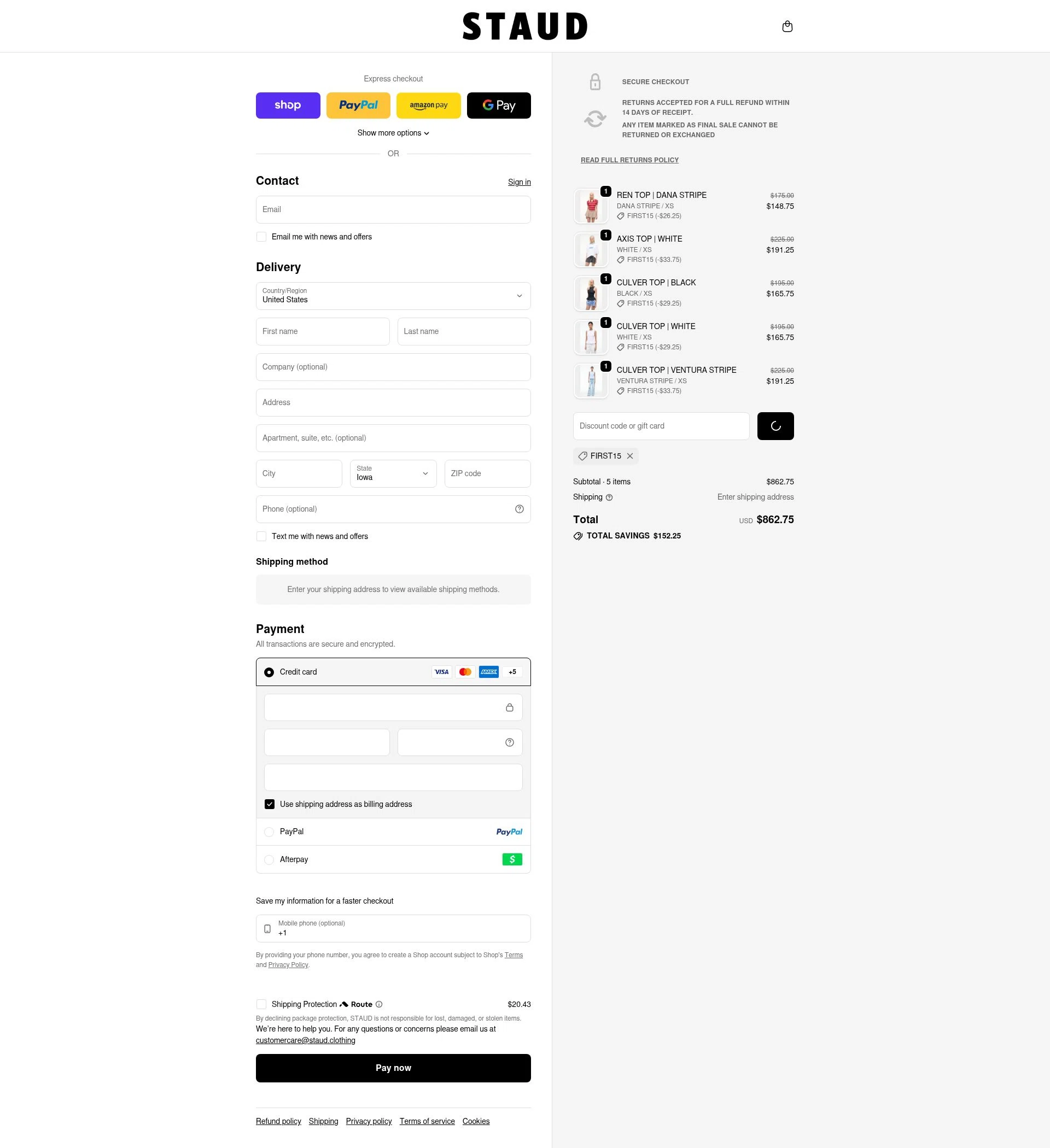 Staud checkout page showing Staud promo code box | Screenshot taken by SimplyCodes community member on Feb 15, 2026