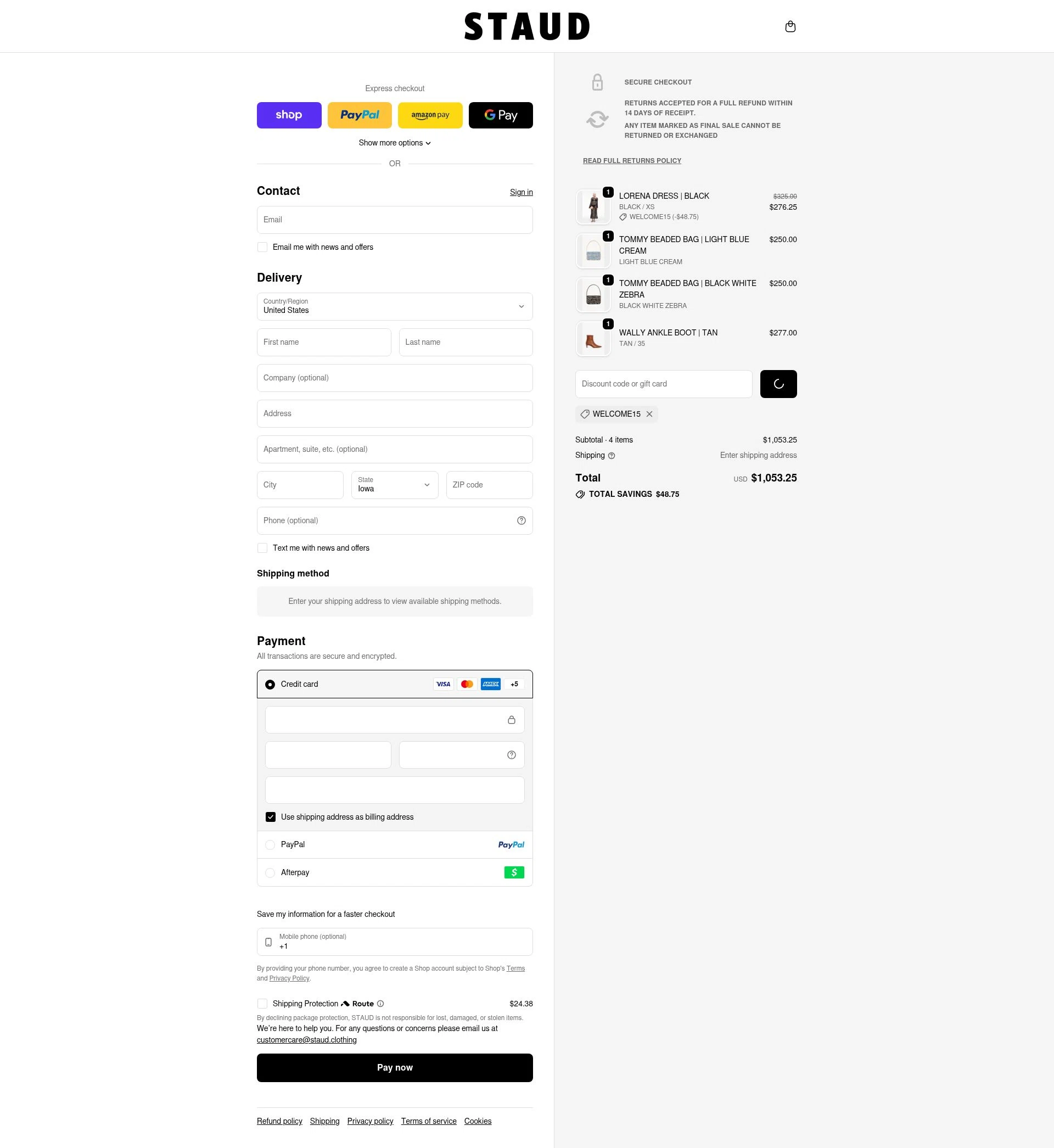 Staud checkout page showing Staud promo code box | Screenshot taken by SimplyCodes community member on Jan 14, 2026